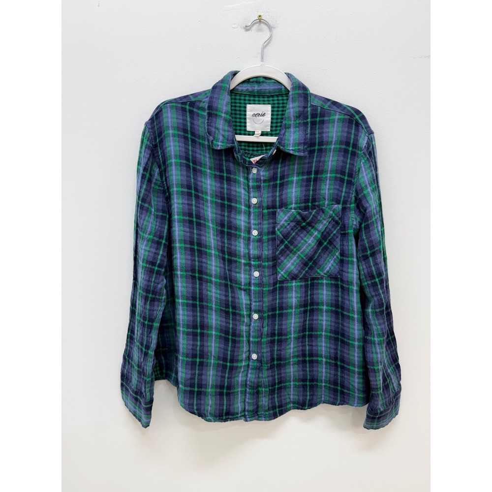 Aerie Flannel Button Down Shirt Size M Green Navy Blue Purple Plaid‎ Cotton